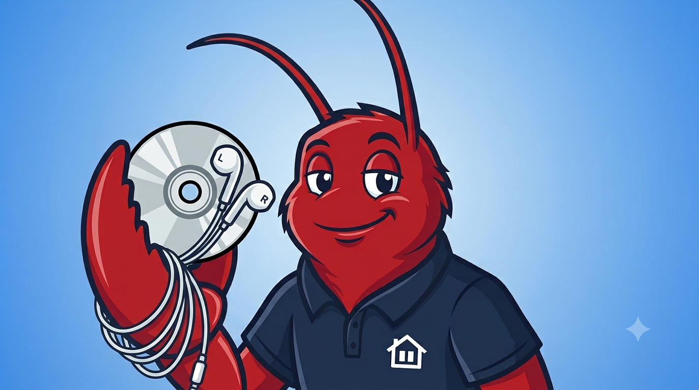 Red Lobster holding CD and Earbuds